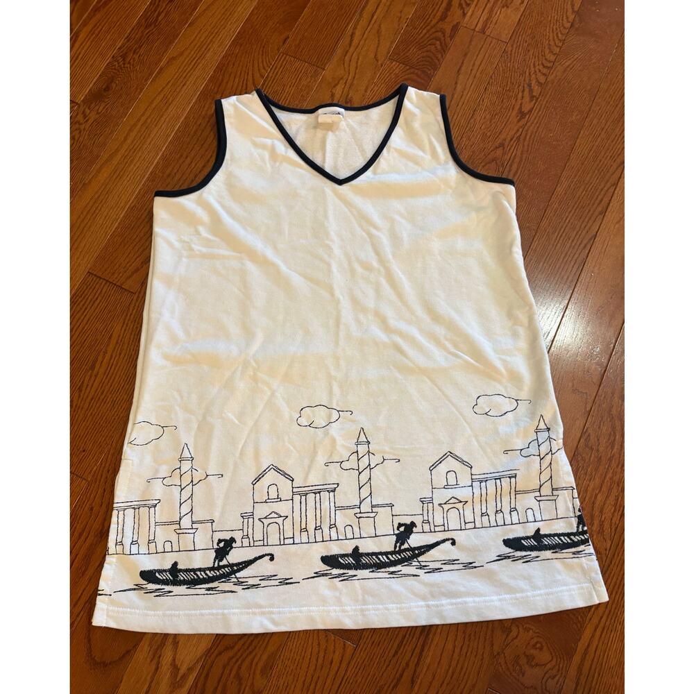 Vintage Beach Cabana Coverup Dress Large Coastal Nautical Cotton Sleeveless